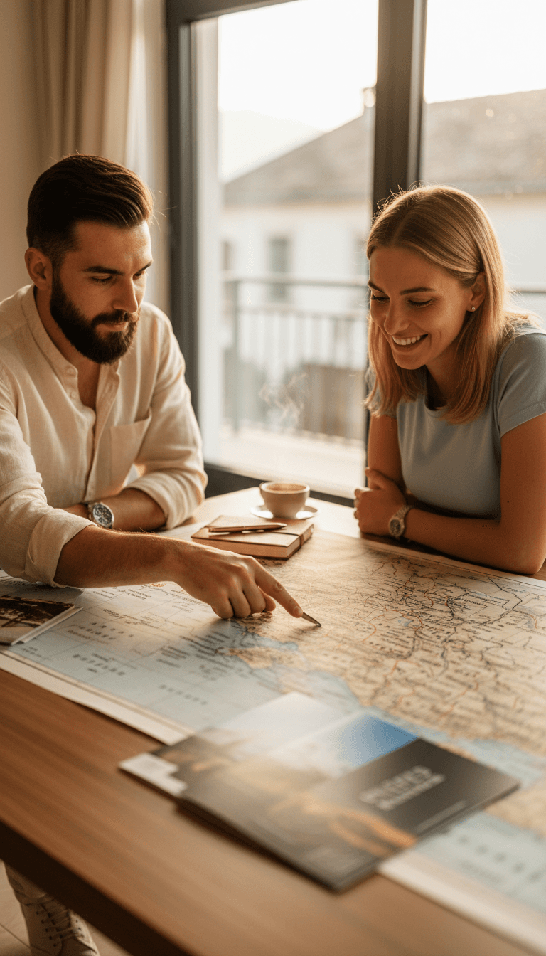 Reiseberater in Podgorica zeigt Adriatische Küstenkarte mit Gast