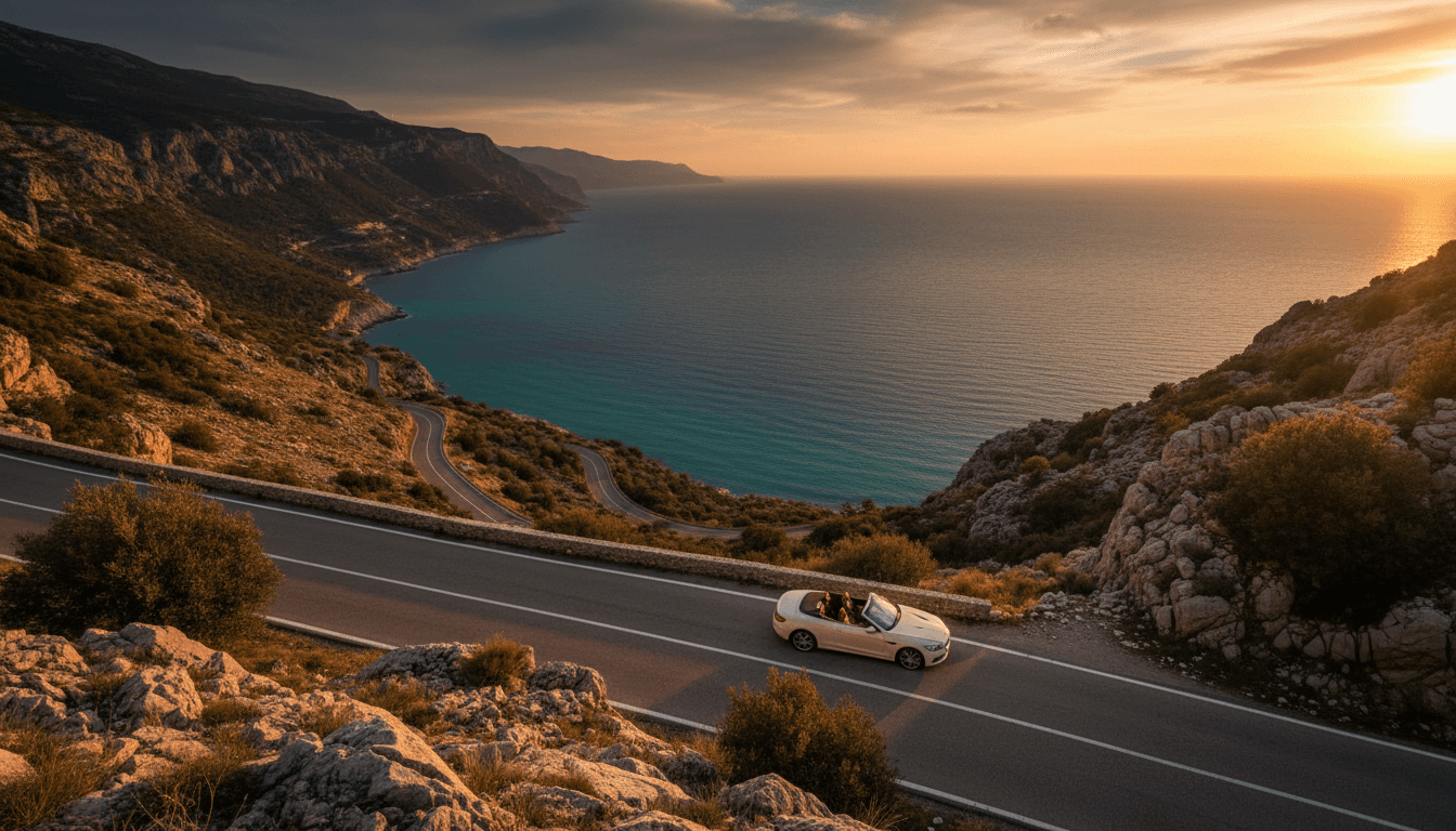 Malerische Adriatische Küstenlandschaft mit Luxusauto auf kurvenreicher Bergstraße