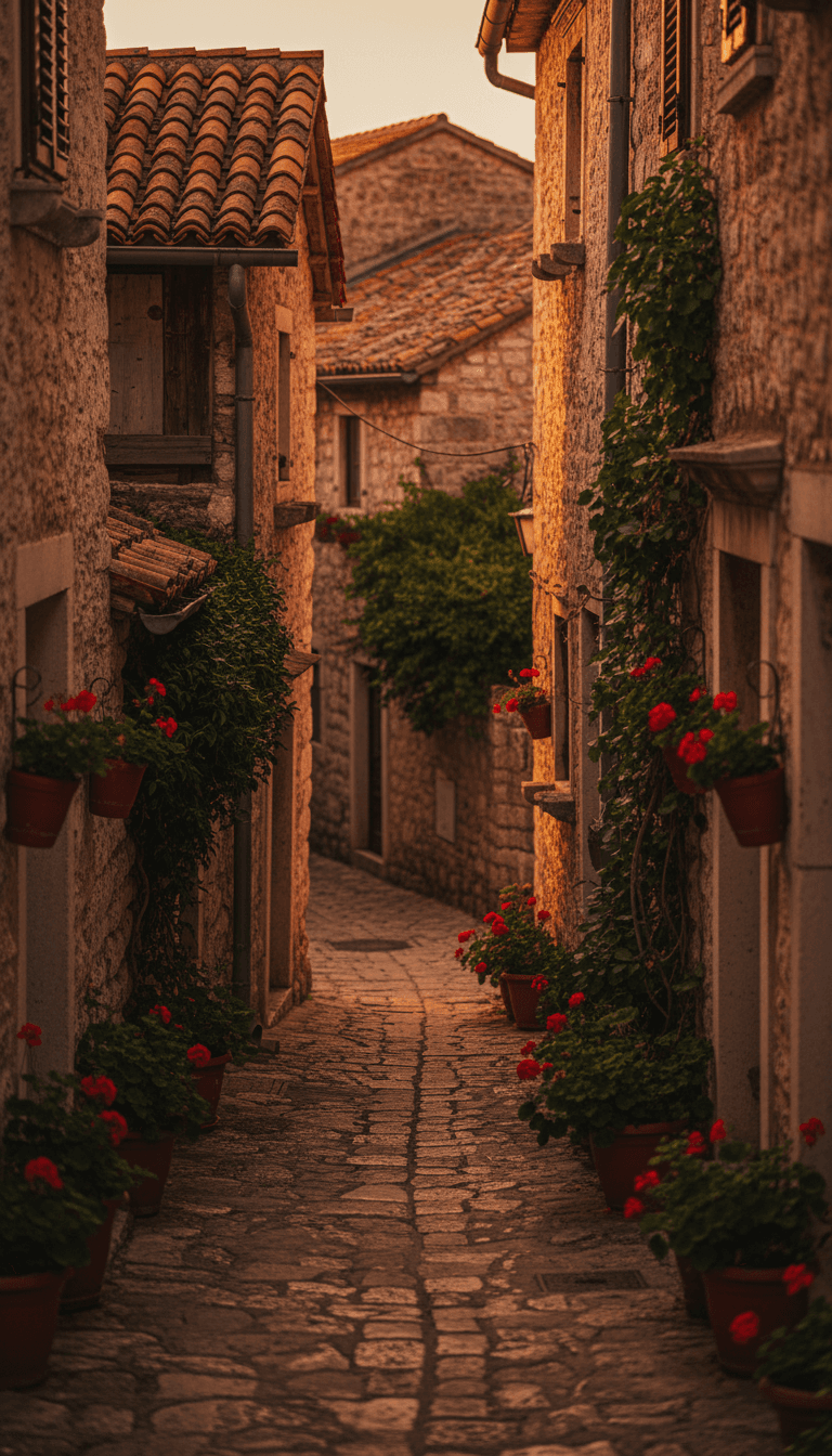 Traditionelles Bergdorf mit Kopfsteinpflaster und historischer Architektur