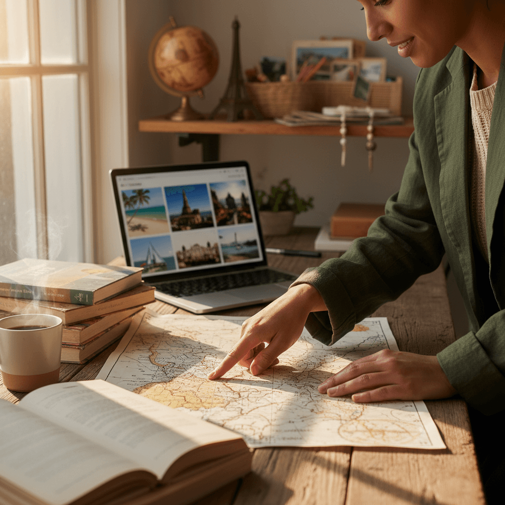 Reiseberater plant eine maßgeschneiderte Reise an einem Schreibtisch in Podgorica