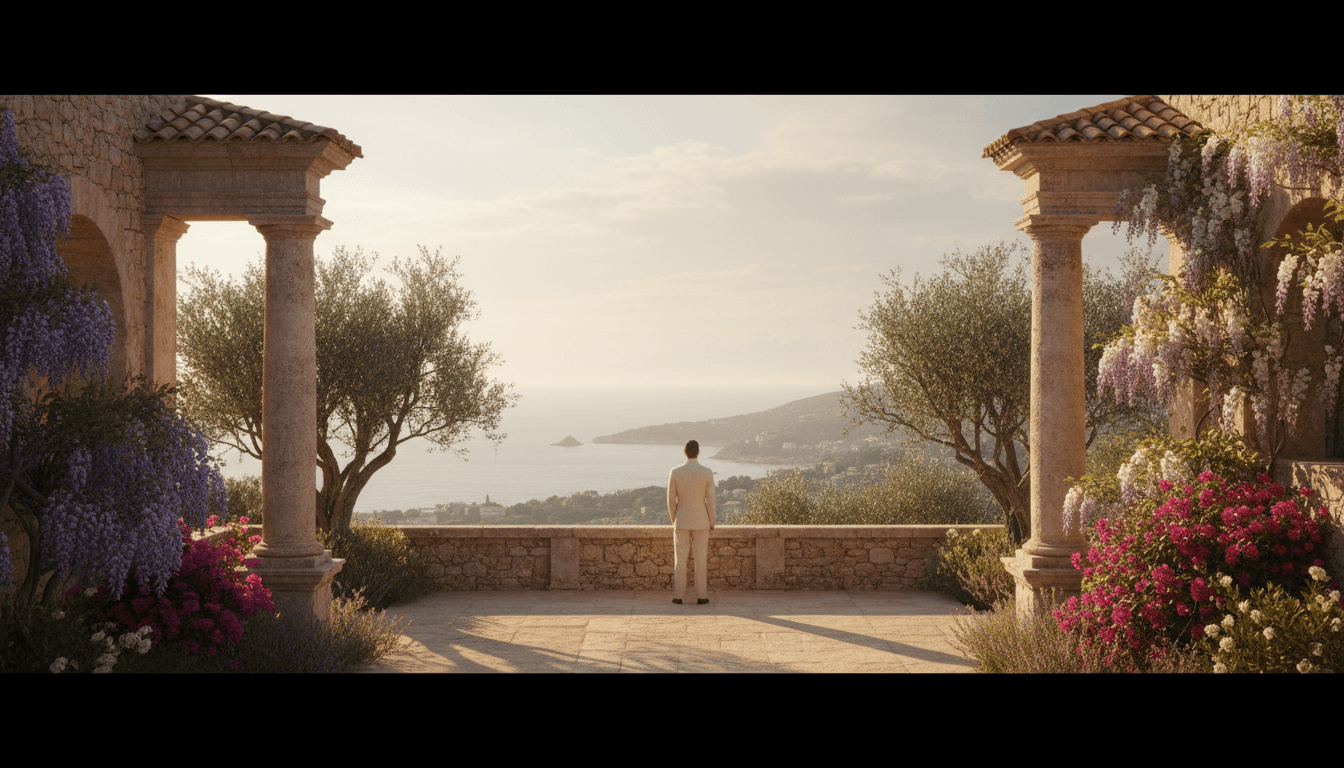 Paar genießt den Ausblick auf die Adriatische Küste bei Sonnenuntergang